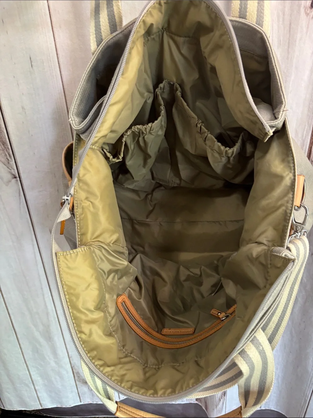 Pottery Barn Kids Classic Gray Stripe Diaper Bag Leather Trim